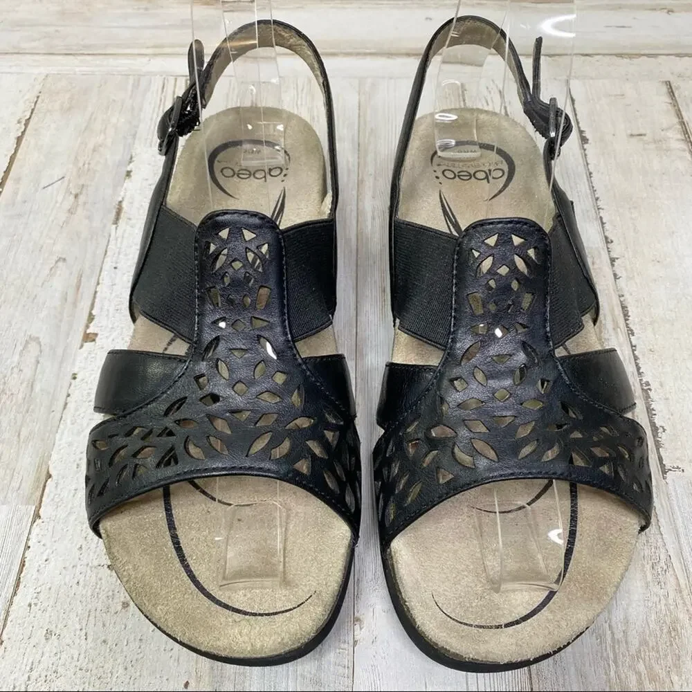 Abeo Bria Leather Sandals Women's Size 6 Black Laser Cut Back Strap - Picture 2 of 10